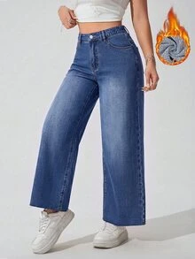 SHEIN ICON 女款大尺碼白色鬆緊腰毛邊直筒牛仔褲 - 藍色 - 查看 1
