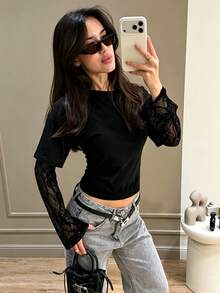 INAWLY Solva Women's Autumn Winter Basic Crew Neck 2 In 1 Lace Splicing Long Sleeve Cropped Top, Solid Co - Black - View 1