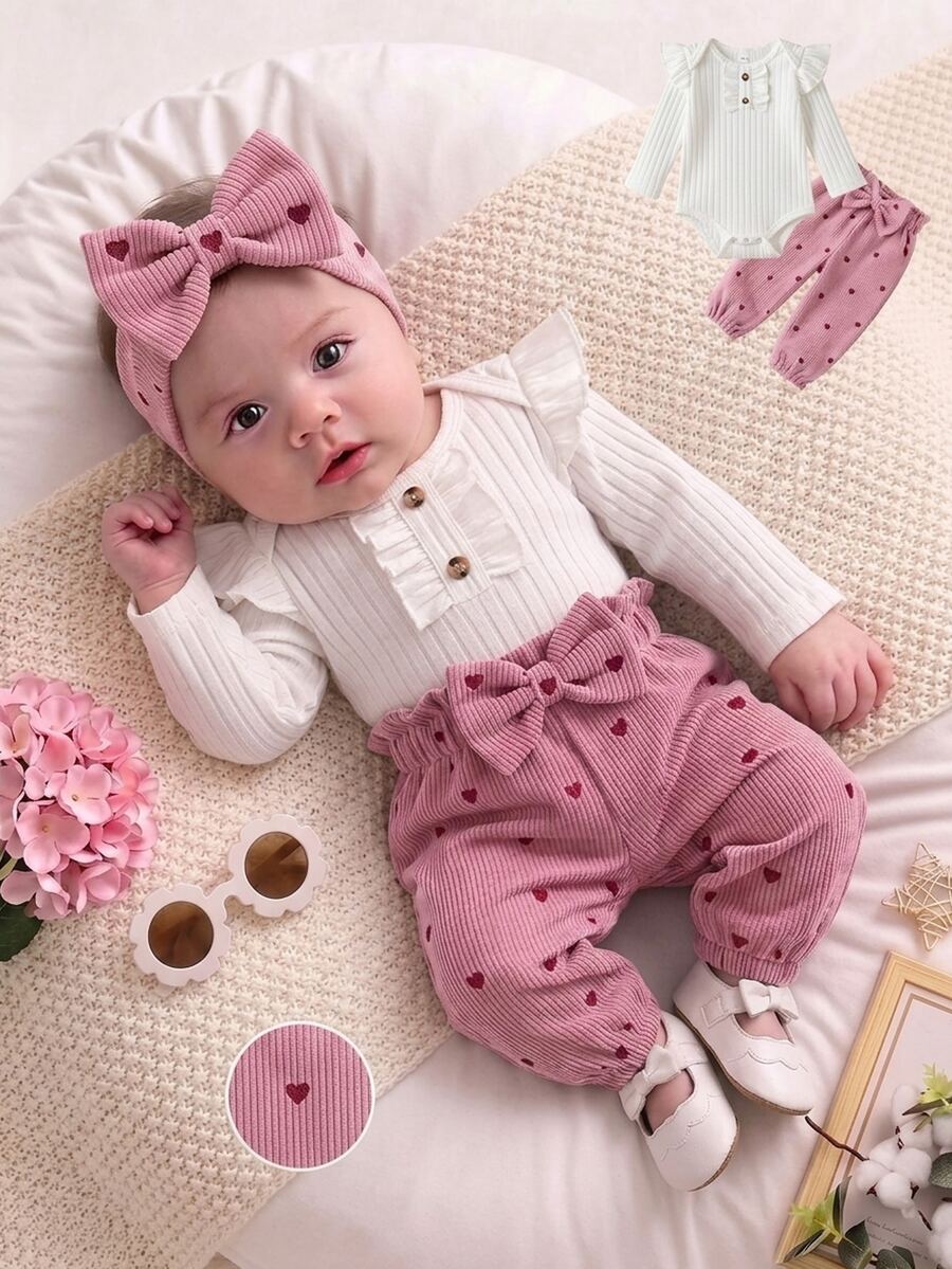 SHEIN Vintaside Kids 3件組女嬰連身衣褲套裝，可愛甜美白色粉色蝴蝶結荷葉邊愛心羅紋長袖圓領秋季套頭公主生日派對髮箍 - 粉色 - 查看 1