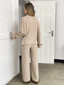 Elyressa Women's 2 Pieces Set, Comfortable Home Casual Textured Fabric Asymmetrical Button Decor Fold-Over Long Sleeve Top And Wide Leg Long Pants, Autumn/Winter - Multicolor - View 2