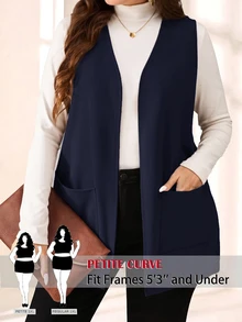 SHEIN PETITE CURVE 大尺碼純色無袖寬鬆口袋簡約休閒外套，春夏穿著，秋冬度假適用 - 藏蓝色 - 查看 1