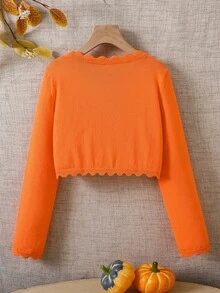 SHEIN Elladie kids 青少年女孩純色休閒百搭日常穿著開襟衫 - 橘色 - 查看 2