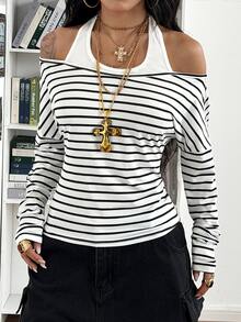 StreetHx Women's Street Style 2 In 1 Halter Neck Slim Fit Flattering Striped T-Shirt - Black and White - View 1