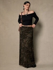 Freevana Plus Size Bohemian 90s Vintage Western Style Paisley Flower Print Versatile Black Knit Skirt For Women, Autumn/Winter Fall Brunch Date Night - Multicolor - View 7