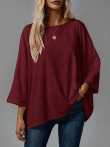 SHEIN LUNE 2pcs Women's Solid Crew-Neck 3/4 Sleeve Loose-Fit Tee - Multicolor - View 2