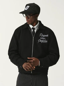 STYNVO Chaqueta casual con cremallera y manga larga con estampado de letras para hombre - Negro - Ver 2