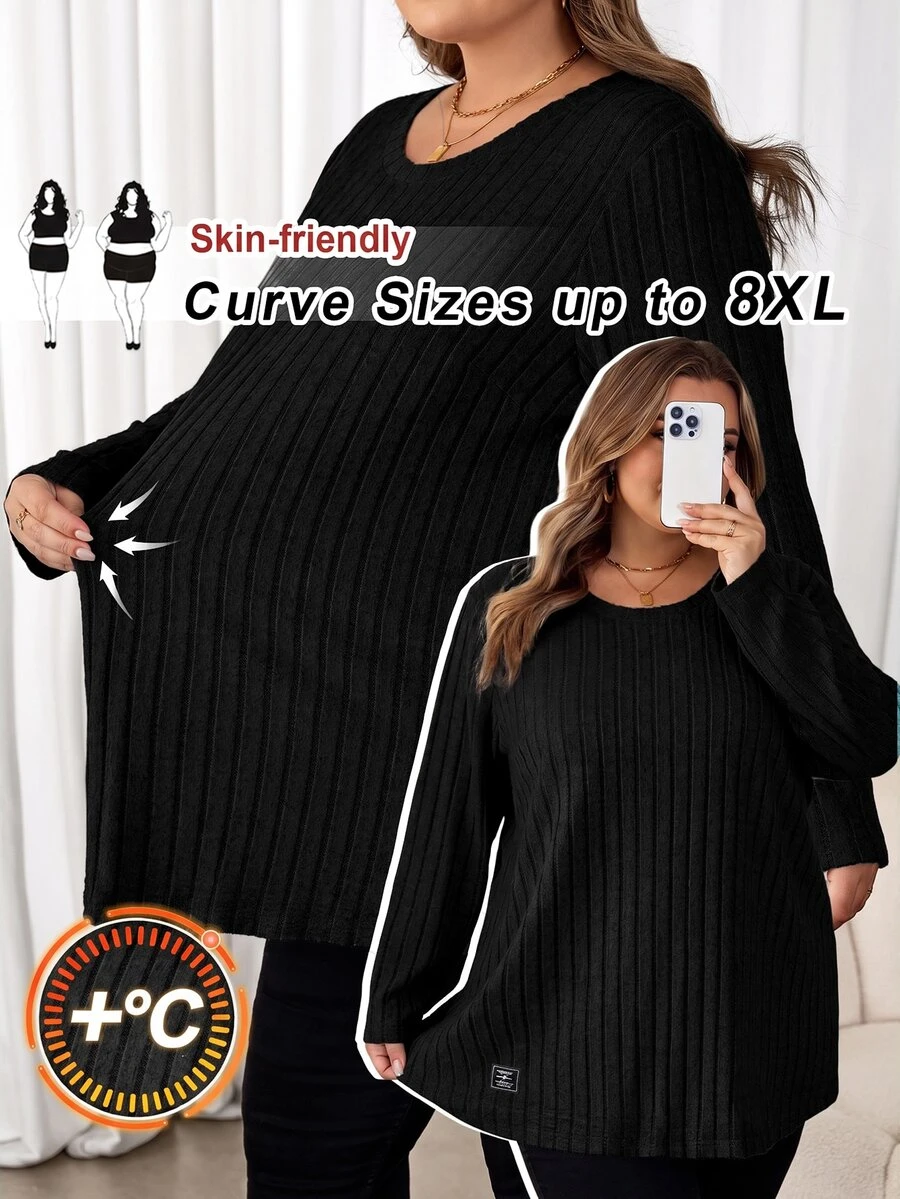 SHEIN CURVE+ تي شيرت نسائي مقاس كبير بتفاصيل ختم الحروف والوصل الخريف - الأسود - مشاهدة 1
