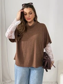SHEIN Essnce تي شيرت كاجوال متعدد الاستخدامات برقبة عالية وأكمام قصيرة بلون موحد للنساء مقاس كبير - بني - مشاهدة 6