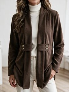 Louniche Women's Solid Color Casual Versatile Everyday Long Sleeve Jacket - Brown - View 3