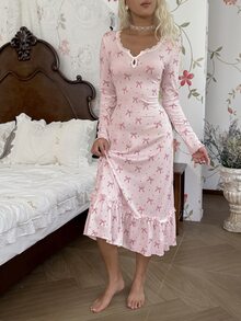 CottageSlumber Romantic Bow Print Lace Patchwork Long Sleeve Nightgown - Baby Pink - View 6