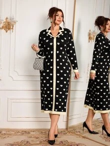 Modelyn Plus Size Women's Heart Pattern Single-Breasted Long Sleeve Slim Fit Elegant Knit Dress - Black - View 4