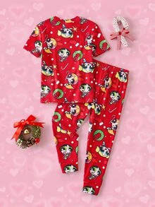 THE POWERPUFF GIRLS X SHEIN Young Girl Cartoon Print Short Sleeve Top And Long Pants Casual Daily Home Sleepwear Set - Red - View 2