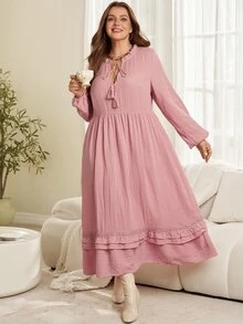 EMERY ROSE Plus Size Women's Solid Color Frill Trim Tassel Tie Neck Long Sleeve Dress - Dusty Pink - View 5