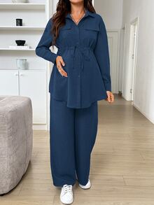 SHEIN Maternity Solid Color Long Sleeve Top And Adjustable Waist Long Pants 2 Pieces Set Fall - Navy Blue - View 7
