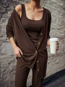 DAZY Women's 3 Pieces Knit Set Loose Cardigan, Camisole Top And Long Pants Casual Outfit - Brown - View 3
