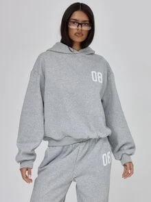 MUSERA Grey Jersey Graphic Hoodie Autumn Winter Fall Daily Everyday Essential Blancs - Grey - View 1