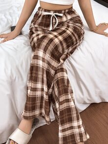 Napfluff American Retro Plaid Pajama Pants, Lazy Women's Autumn/Winter Plush Elastic Waist Wide Leg Long Pants - Multicolor - View 3