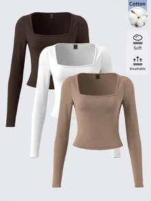 SHEIN BASICS 3件組女款純色方領T恤 - 彩色 - 查看 1