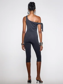 MUSERA Tie Detail Off The Shoulder Fitted Capri Jumpsuit Fall Winter Festival Cool Women Outfit - Black - View 4