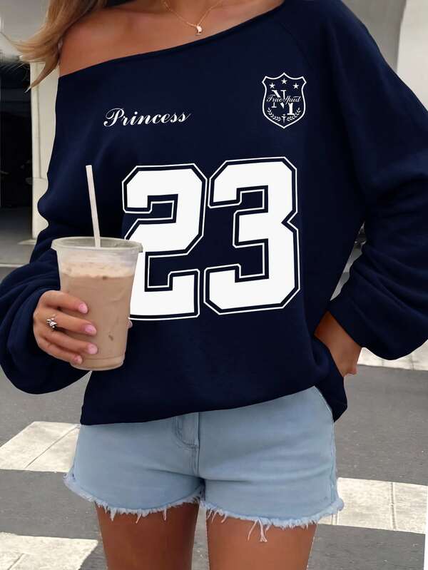 Muchica Sweatshirt feminina casual solta de manga comprida com ombros à mostra, azul-marinho escuro, com estampado de letra de universidade americana
