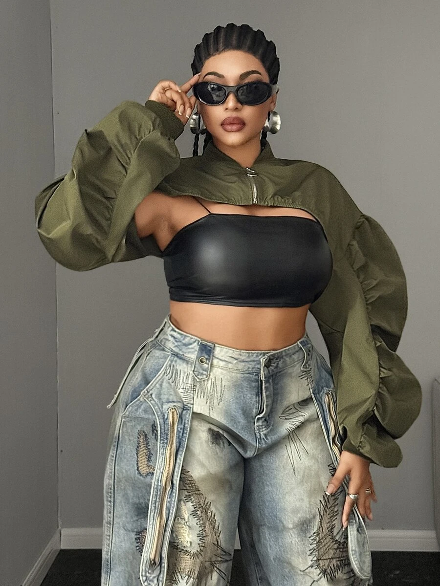 Maweii Plus Size Green Streetwear Cropped Jacket Fall - Green - View 1