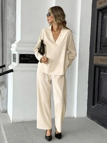 Pariaura New Women's Long Sleeve Polo Collar Commuter Blended Shirt With Double Pockets And Loose Wide Leg Pants 2 Pieces Set - Beige - View 4