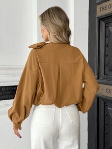 Pariaura European And American Style Autumn/Winter New Fashion Versatile Solid Color Diagonal Stripe V-Neck Tie Loose Elegant Commute Design Long Sleeve Blouse - Coffee Brown - View 2