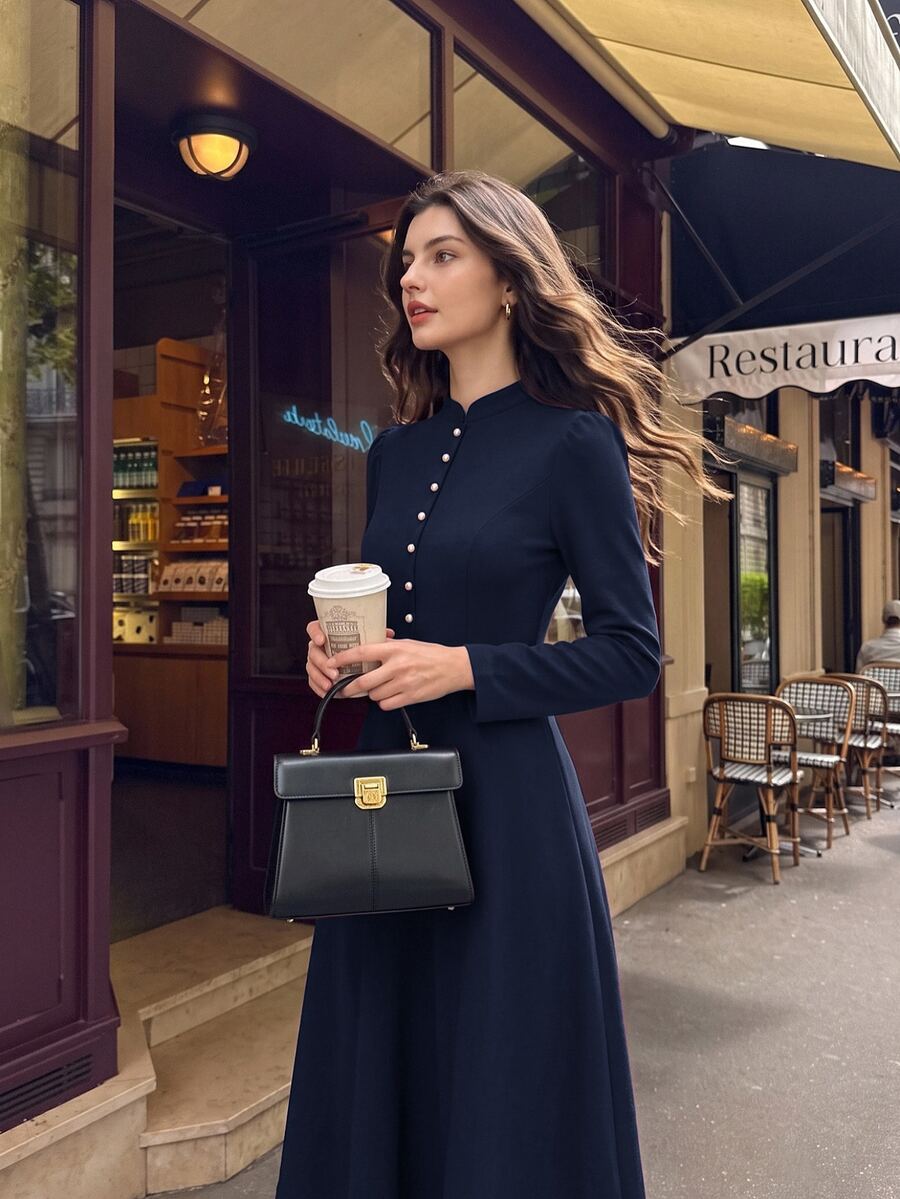 Vintamour Vintage Elegant Women's Dress With Pockets, Button Cheongsam Collar, New Chinese Style Casual Commute Vacation Holiday Dress - Navy Blue - View 1