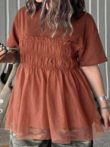 Dazy Plus Solid Color Contrast Mesh Doll Blouse Cute Pullover Short Sleeve Spring Summer Autumn T-Shirt - Brown - View 5