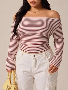 GalTyme Plus Size Street Fashion Versatile Striped Colorblock Long Sleeve T-Shirt - Red and White - View 5