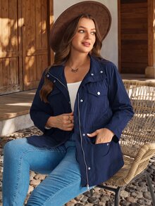 EMERY ROSE Áo khoác trench có mũ kéo khóa trước màu xanh đậm size lớn cho nữ, mùa thu - Màu xanh lam - Xem 8