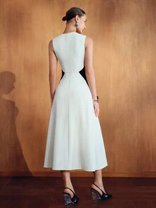 MOTF PREMIUM WOMEN'S SOLID COLOR BEADED SLEEVELESS ELEGANT FLARED DRESS - White - View 3