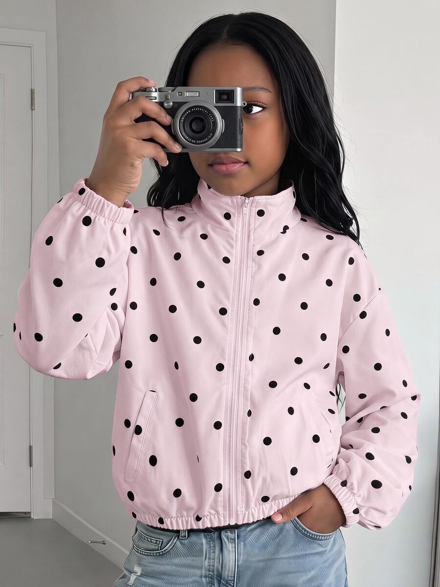 SHEIN 青少年女孩秋季新款波點圖案寬鬆立領夾克外套 - 粉色 - 查看 1
