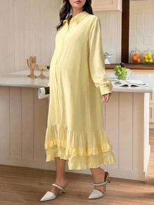 Dazy Maternity فستان حمل كاجوال بلون موحد فضفاض بأكمام طويلة وتفاصيل كشكشة مطوية، مناسب للعطلات، ربيع/خريف - أصفر - مشاهدة 4