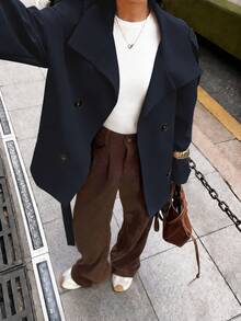 SHEIN x Luisa Sonza Elyressa 女款素色插肩袖長袖休閒通勤風衣外套 - 藍色 - 查看 4
