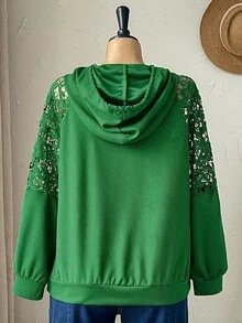 Rusticease Plus Size Sexy Embroidered Hollow Out Pocket Hooded Sweatshirt - Green - View 2