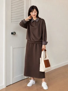 Yumoku Women's Contrast Color Long Sleeve Top And Skirt Casual 2 Pieces Set - Brown - View 5