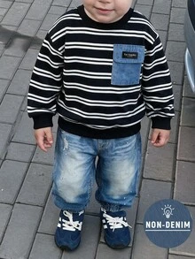 Genkimix Kids 男童秋冬條紋衛衣與丹寧效果長褲2件套，圓領拼色口袋上衣搭配寬鬆收口丹寧效果長褲，休閒帥氣兒童日常穿搭套裝 - 黑色 - 查看 1