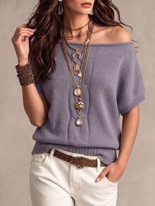 SHEIN LUNE Women's Solid Color Asymmetric Shoulder Batwing Short Sleeve Casual Knit Top - Grey - View 3