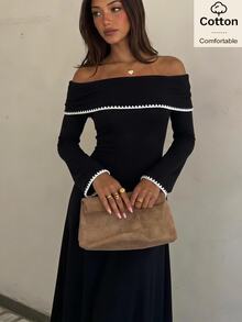 Siren Gaze Fall Cotton Black Dress Women's Floral Bud Trim Off-Shoulder Long Sleeve Elegant Dress Party Office Halloween Winter Holiday Y2k Going Out A-Line Work - Black - View 2