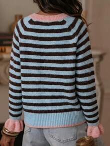 SHEIN Women's Striped Colorblock Casual Daily Cardigan - Blue - View 2