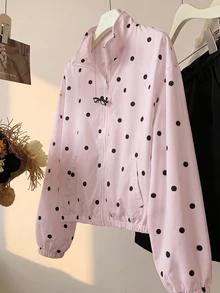 SHEIN 青少年女孩秋季新款波點圖案寬鬆立領夾克外套 - 粉色 - 查看 3