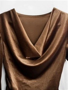 Cévolie Fashionable Minimalist Design Cowl Neck Lace Patchwork Top - Coffee Brown - View 6