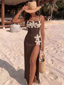 Swim Vcay Spring/Summer Girls Vacation Influencer Solid Color Starfish Design One-Piece Swimsuit With Beach Cover-Up Set - Brown - View 1
