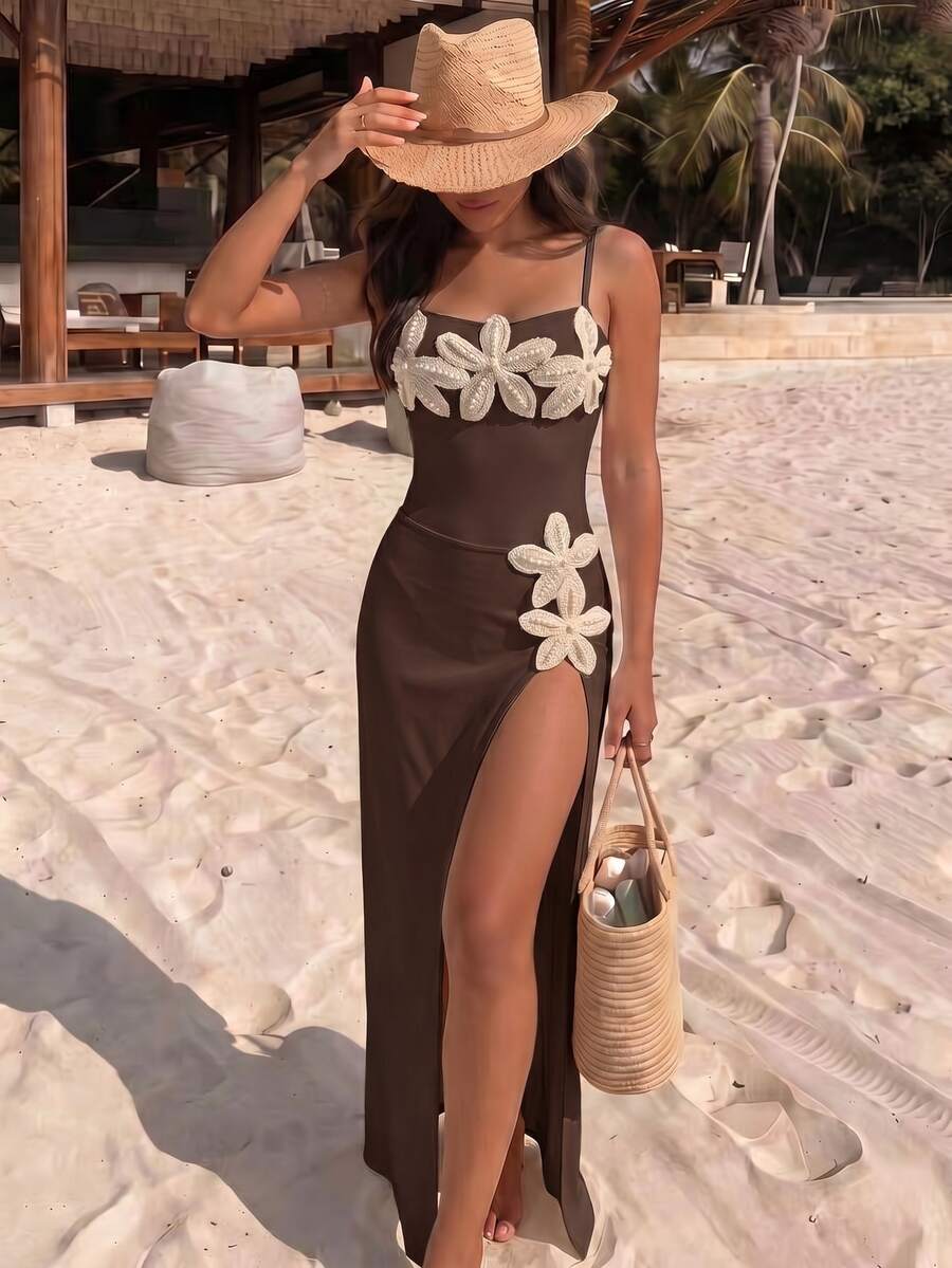 Swim Vcay Spring/Summer Girls Vacation Influencer Solid Color Starfish Design One-Piece Swimsuit With Beach Cover-Up Set - Brown - View 1