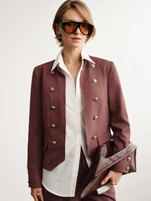 Briarwyn Jaket Blazer Kasual Gaya Napoleon Warna Polos untuk Wanita, Musim Dingin - Coffee Brown - View 5