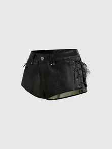 ROMWE Grunge Punk Vintage Y2K Hot Girl Patchwork Faux Fur Punk Metal Eyelet Lace-Up Design Ultra Low Waist Mini Washed PU Shorts - Black - View 5