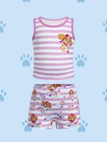 SHEIN | PAW Patrol Young Girl Cartoon Print Striped Top And Hipster Panties Underwear Set - Pink - View 3