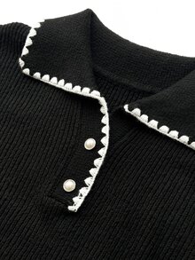 Elenzga Plus Size Women's Colorblock Lace Trim Polo Collar Knit Sweater Dress - Black and White - View 7