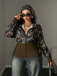 Maweii Plus Size Women's New Camouflage Print Hooded Long Sleeve Sweatshirt Fall - Army Green - View 1